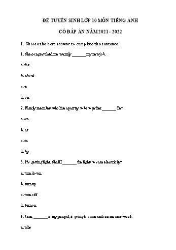 Đề thi thử tuyển sinh Lớp 10 môn Tiếng Anh - Năm học 2021-2022 (Có đáp án)