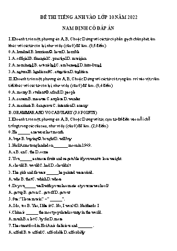 Đề thi thử tuyển sinh Lớp 10 môn Tiếng Anh - Năm học 2022-2023 - Sở GD&ĐT Nam Định (Có đáp án)