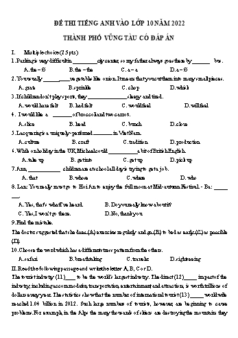 Đề thi thử tuyển sinh Lớp 10 môn Tiếng Anh - Năm học 2022-2023 - Sở GD&ĐT Vũng Tàu (Có đáp án)