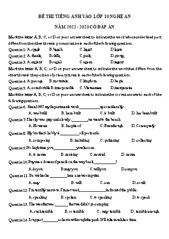Đề thi thử tuyển sinh Lớp 10 môn Tiếng Anh - Năm học 2022-2023 - Sở GD&ĐT Nghệ An (Có đáp án)