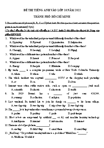 Đề thi thử tuyển sinh Lớp 10 môn Tiếng Anh - Năm học 2022-2023 - Sở GD&ĐT Hồ Chí Minh