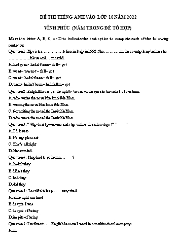 Đề thi thử tuyển sinh Lớp 10 môn Tiếng Anh (Nằm trong đề tổ hợp) - Năm học 2022-2023 - Sở GD&ĐT Vĩnh Phúc