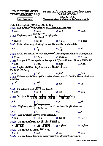 Đề thi thử tuyển sinh vào Khối 10 THPT môn Toán - Năm học 2022-2023 - Trường THCS Việt Ngọc