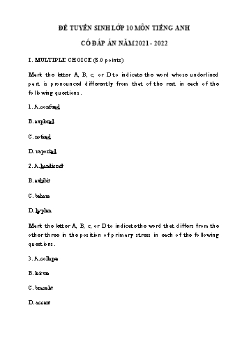Đề thi thử tuyển sinh vào Lớp 10 môn Tiếng Anh - Năm học 2021-2022 (Có đáp án)