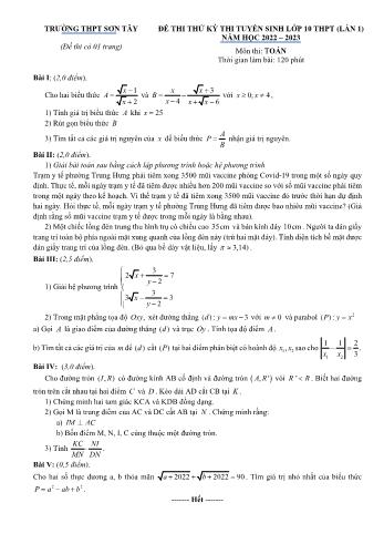 Đề thi thử tuyển sinh vào Lớp 10 THPT môn Toán (Lần 1) - Năm học 2022-2023 - Trường THPT Sơn Tây