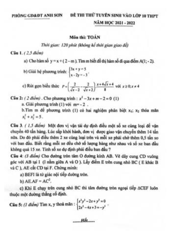 Đề thi thử tuyển sinh vào Lớp 10 THPT môn Toán - Năm học 2021-2022 - Phòng GD&ĐT Anh Sơn