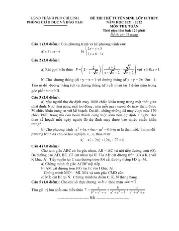 Đề thi thử tuyển sinh vào Lớp 10 THPT môn Toán - Năm học 2021-2022 - Phòng GD&ĐT Chí Linh (Có hướng dẫn chấm)