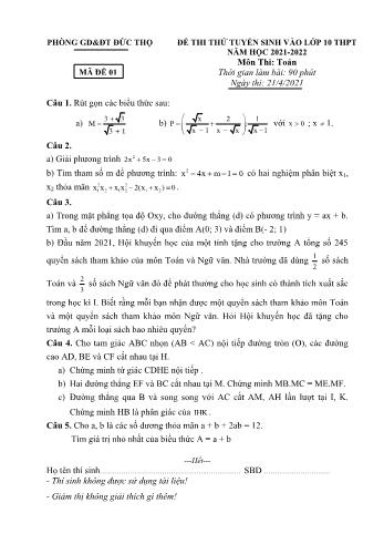 Đề thi thử tuyển sinh vào Lớp 10 THPT môn Toán - Năm học 2021-2022 - Phòng GD&ĐT Đức Thọ (Có hướng dẫn chấm)