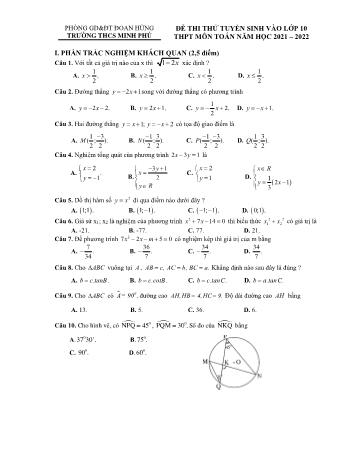 Đề thi thử tuyển sinh vào Lớp 10 THPT môn Toán - Năm học 2021-2022 - Trường THCS Minh Phú (Có đáp án)