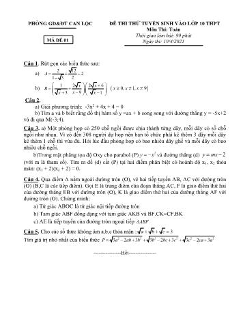 Đề thi thử tuyển sinh vào Lớp 10 THPT môn Toán - Năm học 2021-2022 - Phòng GD&ĐT Can Lộc (Có đáp án)