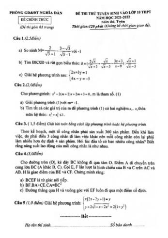 Đề thi thử tuyển sinh vào Lớp 10 THPT môn Toán - Năm học 2021-2022 - Phòng GD&ĐT Nghĩa Đàn