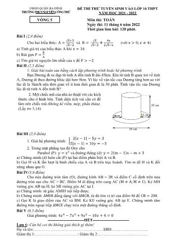 Đề thi thử tuyển sinh vào Lớp 10 THPT môn Toán (Vòng 5) - Năm học 2021-2022 - Trường THCS Nguyễn Công Trứ (Có hướng dẫn chấm)