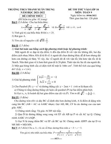 Đề thi thử vào Khối 10 môn Toán - Năm học 2021-2022 - Trường THCS Thanh Xuân Trung (Có hướng dẫn chấm)