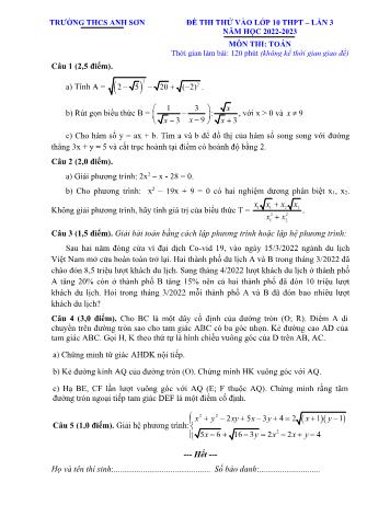 Đề thi thử vào Khối 10 THPT môn Toán (Lần 3) - Năm học 2022-2023 - Trường THCS Anh Sơn (Có hướng dẫn chấm)