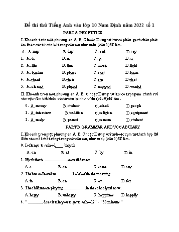 Đề thi thử vào Lớp 10 môn Tiếng Anh - Đề 1 - Năm học 2022-2023 - Sở GD&ĐT Nam Định (Có đáp án)