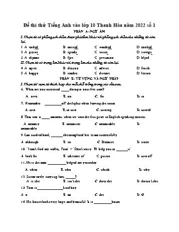 Đề thi thử vào Lớp 10 môn Tiếng Anh - Đề 1 - Năm học 2022-2023 - Sở GD&ĐT Thanh Hóa