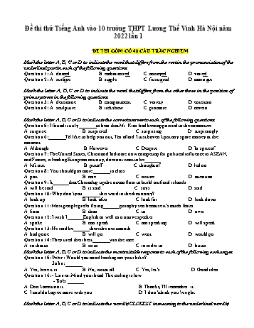 Đề thi thử vào Lớp 10 môn Tiếng Anh (Lần 1) - Năm học 2022-2023 - Trường THPT Lương Thế Vinh