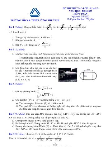 Đề thi thử vào Lớp 10 môn Toán (Lần 3) - Năm học 2022-2023 - Trường THCS & THPT Lương Thế Vinh