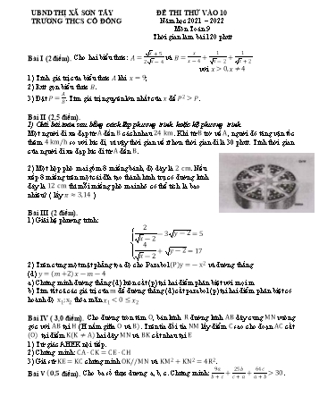 Đề thi thử vào Lớp 10 môn Toán - Năm học 2021-2022 - Trường THCS Cô Đông