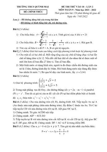 Đề thi thử vào Lớp 10 THPT môn Toán (Lần 2) - Năm học 2021-2022 - Trường THCS Quỳnh Mai (Có hướng dẫn chấm)
