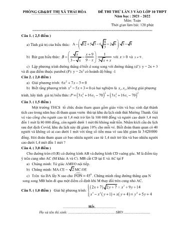 Đề thi thử vào Lớp 10 THPT môn Toán (Lần 3) - Năm học 2021-2022 - Phòng GD&ĐT Thị xã Thái Hòa (Có hướng dẫn chấm)