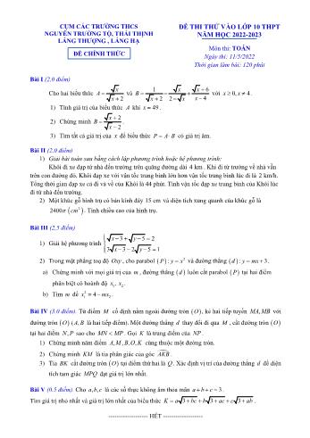 Đề thi thử vào Lớp 10 THPT môn Toán - Năm học 2022-2023 - Trường THCS Thái Thịnh (Có hướng dẫn chấm)