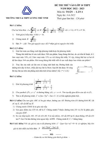 Đề thi thử vào Lớp 10 THPT môn Toán - Năm học 2022-2023 - Trường THCS & THPT Lương Thế Vinh (Có đáp án)