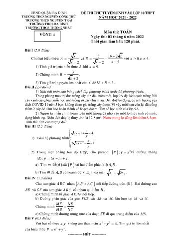 Đề thi thử vào Lớp 10 THPT môn Toán (Vòng 4) - Năm học 2021-2022 - Trường THCS Nguyễn Công Trứ (Có hướng dẫn chấm)