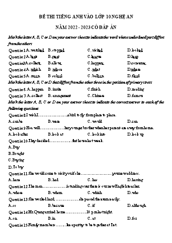 Đề thi Tiếng Anh vào Lớp 10 - Đề 1 - Năm học 2022-2023 - Sở GD&ĐT Nghệ An (Có đáp án)