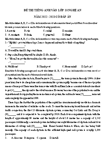 Đề thi Tiếng Anh vào Lớp 10 - Đề 2 - Năm học 2022-2023 - Sở GD&ĐT Nghệ An (Có đáp án)