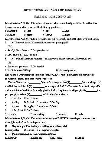 Đề thi Tiếng Anh vào Lớp 10 - Đề 3 - Năm học 2022-2023 - Sở GD&ĐT Nghệ An (Có đáp án)
