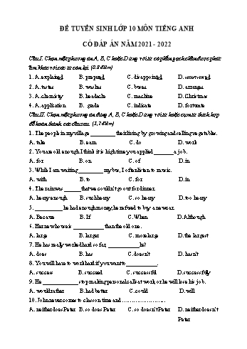 Đề thi tuyển sinh Lớp 10 môn Tiếng Anh - Đề số 2 - Năm học 2021-2022 (Có đáp án)