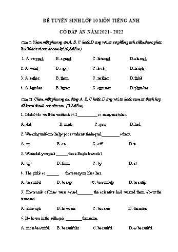 Đề thi tuyển sinh Lớp 10 môn Tiếng Anh - Đề số 3 - Năm học 2021-2022 (Có đáp án)