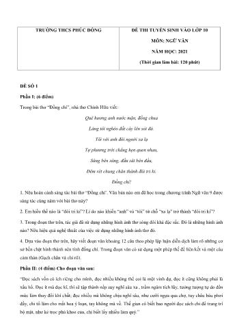 Đề thi tuyển sinh vào Lớp 10 môn Ngữ văn - Năm học 2021-2022 - Trường THCS Phúc Đồng (Có đáp án)