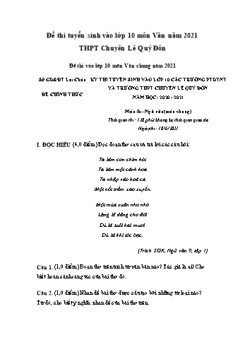Đề thi tuyển sinh vào Lớp 10 môn Ngữ văn - Năm học 2021-2022 - Trường THPT chuyên Lê Quý Đôn (Có đáp án)