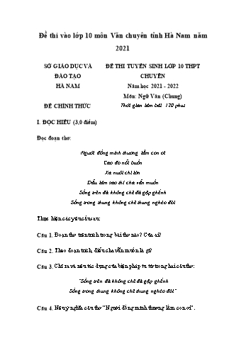 Đề thi tuyển sinh vào Lớp 10 THPT môn Ngữ văn - Năm học 2021-2022 - Sở GD&ĐT Hà Nam (Có đáp án)