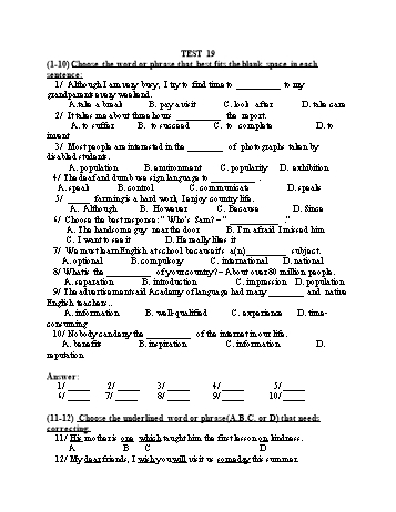 Đề thi tuyển sinh vào Lớp 10 THPT môn Tiếng Anh (Chuyên) - Test 19