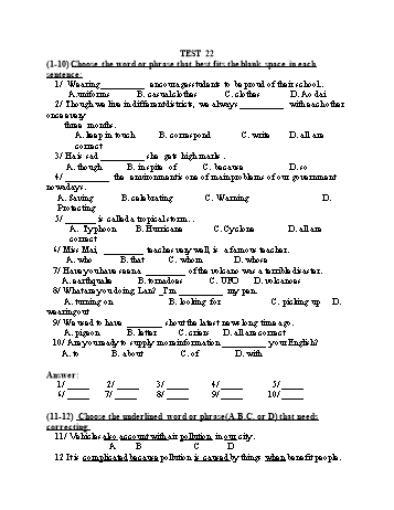 Đề thi tuyển sinh vào Lớp 10 THPT môn Tiếng Anh (Chuyên) - Test 22