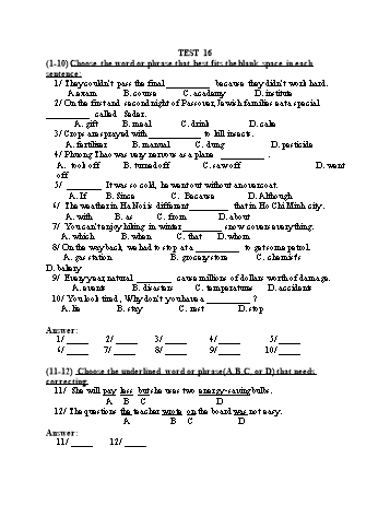 Đề thi tuyển sinh vào Lớp 10 THPT môn Tiếng Anh (Chuyên) - Test 16