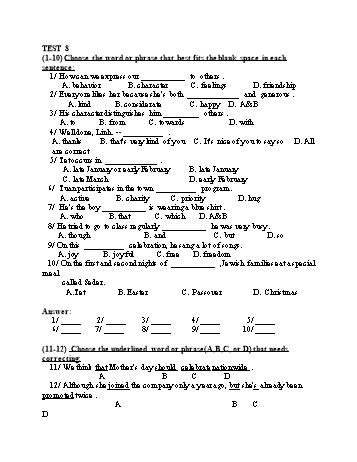 Đề thi tuyển sinh vào Lớp 10 THPT môn Tiếng Anh (Chuyên) - Test 8 (Có đáp án)