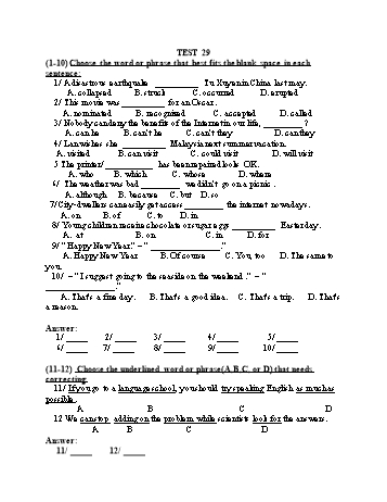 Đề thi tuyển sinh vào Lớp 10 THPT môn Tiếng Anh (Chuyên) - Test 29