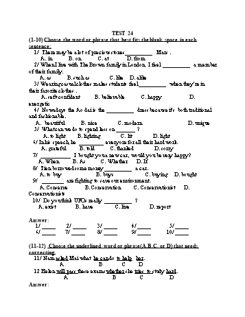 Đề thi tuyển sinh vào Lớp 10 THPT môn Tiếng Anh (Chuyên) - Test 24