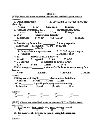 Đề thi tuyển sinh vào Lớp 10 THPT môn Tiếng Anh (Chuyên) - Test 14 (Có đáp án)