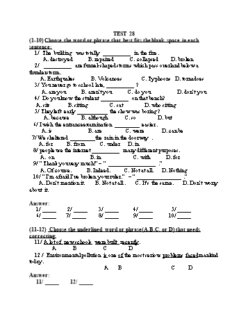 Đề thi tuyển sinh vào Lớp 10 THPT môn Tiếng Anh (Chuyên) - Test 28