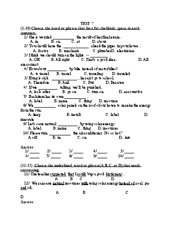 Đề thi tuyển sinh vào Lớp 10 THPT môn Tiếng Anh (Chuyên) - Test 7 (Có đáp án)