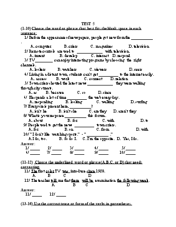 Đề thi tuyển sinh vào Lớp 10 THPT môn Tiếng Anh (Chuyên) - Test 5 (Có đáp án)