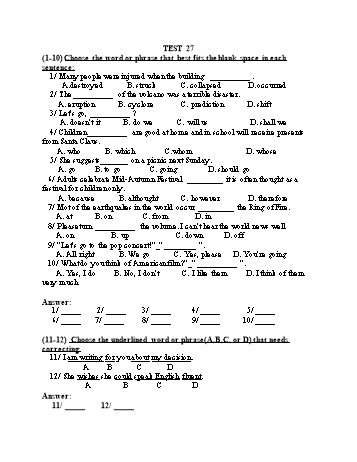 Đề thi tuyển sinh vào Lớp 10 THPT môn Tiếng Anh (Chuyên) - Test 27