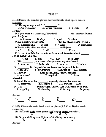 Đề thi tuyển sinh vào Lớp 10 THPT môn Tiếng Anh (Chuyên) - Test 17