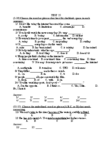 Đề thi tuyển sinh vào Lớp 10 THPT môn Tiếng Anh (Chuyên) - Test 25