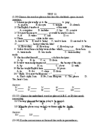 Đề thi tuyển sinh vào Lớp 10 THPT môn Tiếng Anh (Chuyên) - Test 11 (Có đáp án)